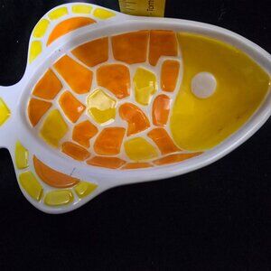 Fish-Shaped Ceramic Dish With Orange & Yellow Mosaic Design By Boston Warehouse